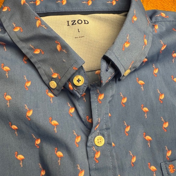 IZOD Mens Short Sleeve Button Down Shirt Flamingo Print Blue‎ Size L - Picture 2 of 6